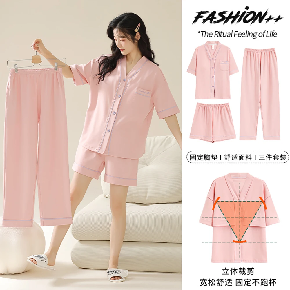 M-3XL 3PCS/Set 100% Cotton Pajamas Set With Fixed Padded Bra Spring Summer Comfort Print Sleepwear Korean Reviews Many Pajamas