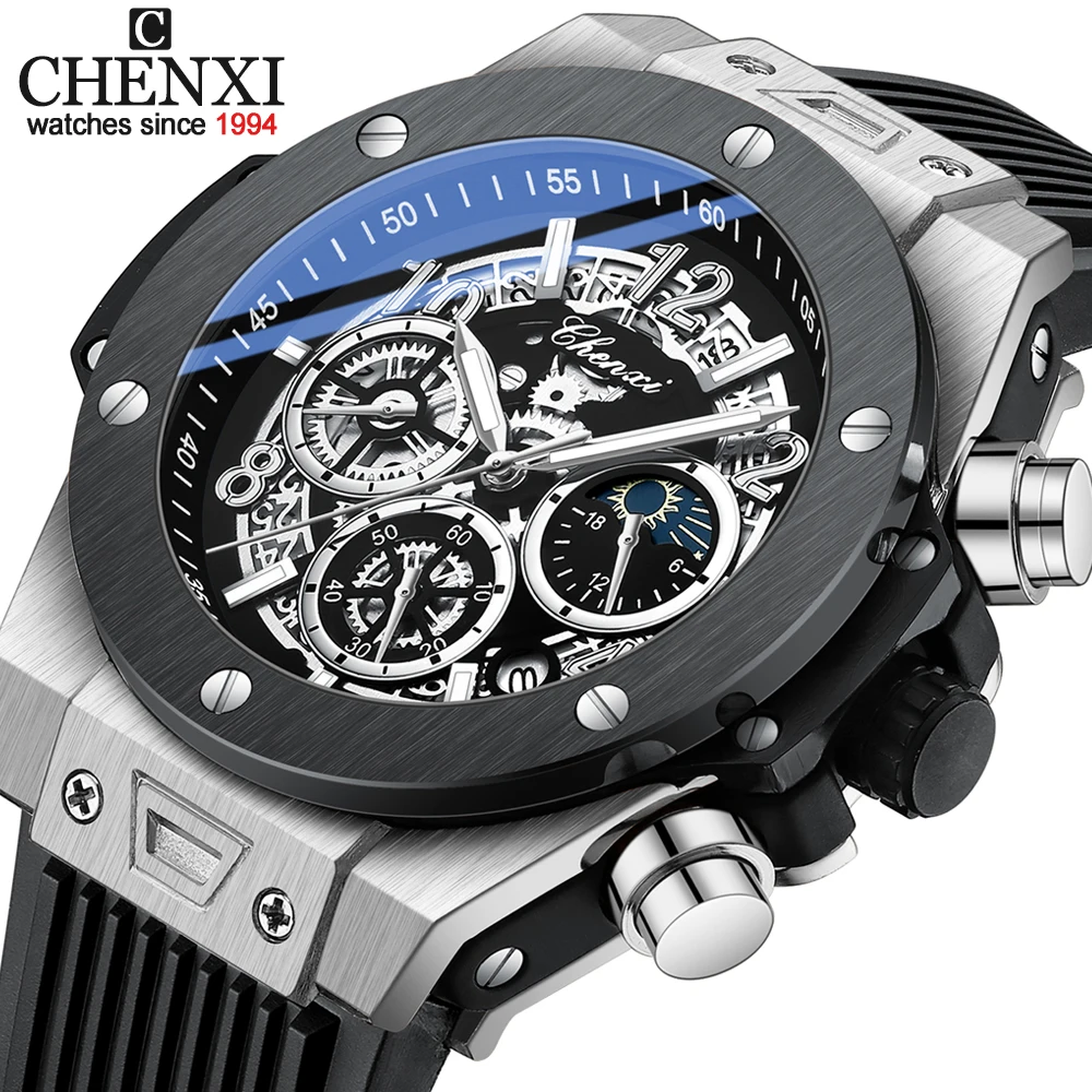 

Модные мужские часы ведущей марки Chenxi, водонепроницаемые светящиеся спортивные роскошные мужские кварцевые часы с хронографом и датой, наручные часы с большим циферблатом