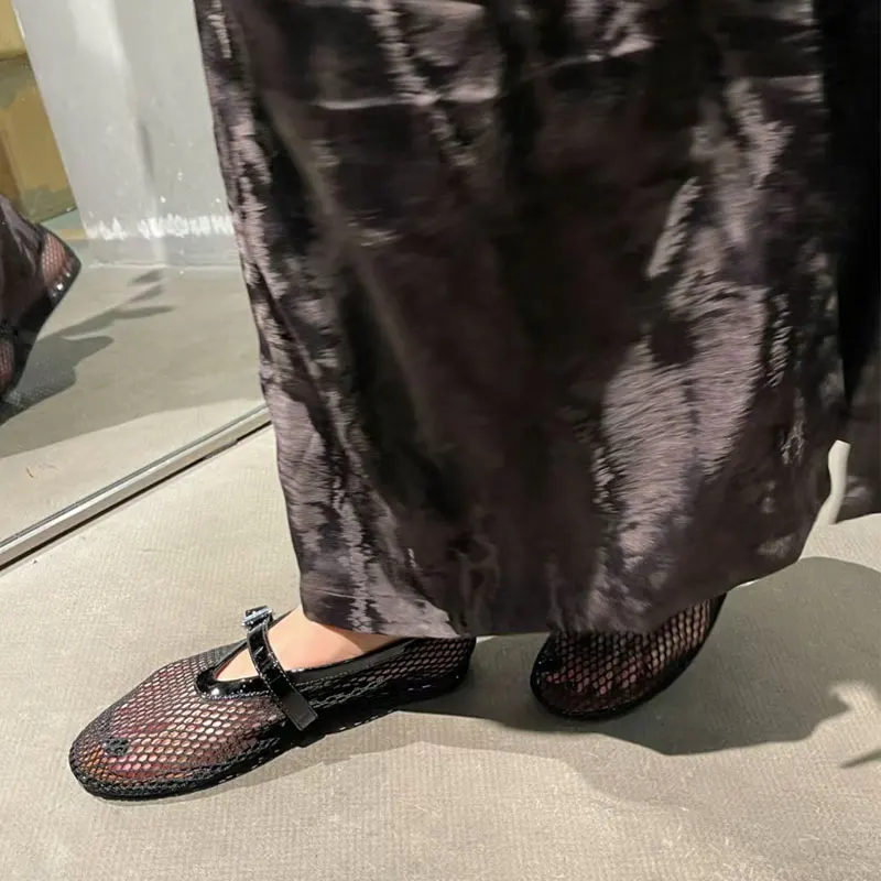 Fashionable Mesh Women's Ballet Mary Jane Shoes Summer Walking Shoes Round Toe Buckle Flats