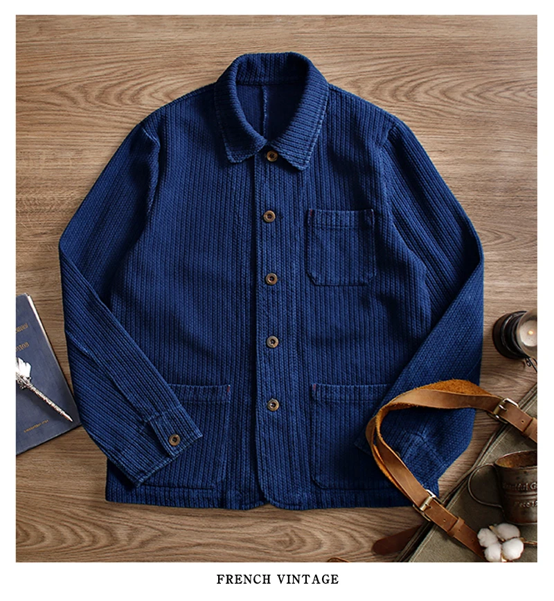 Indigo Cargo Jacke Männer Vintage Schwergewicht Baumwolle Blau gefärbte Arbeits kleidung Werkzeug jacke Französisch Retro Multi-Pocket Strickjacke Mantel – Detail 9