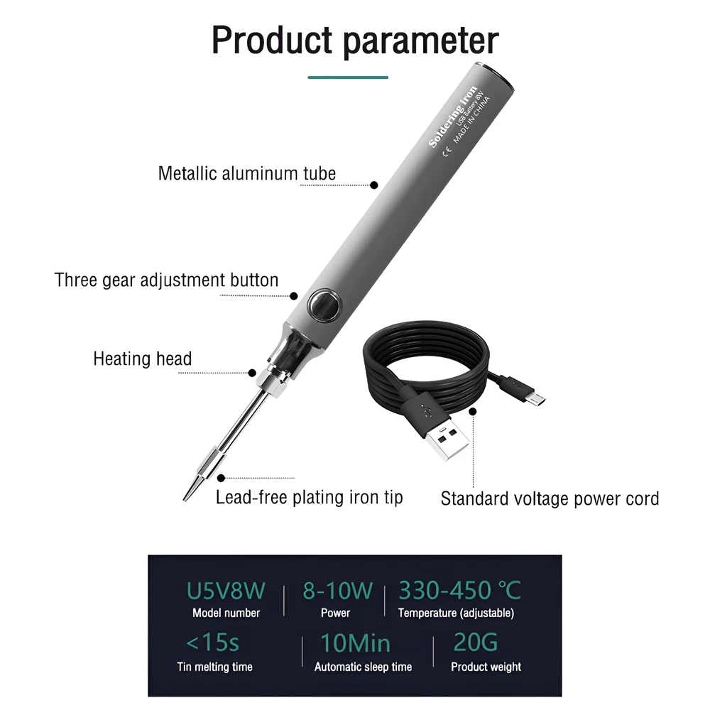Fer à souder sans fil 8W 900mAh 330-450°C rechargeable USB-C pour CMS
