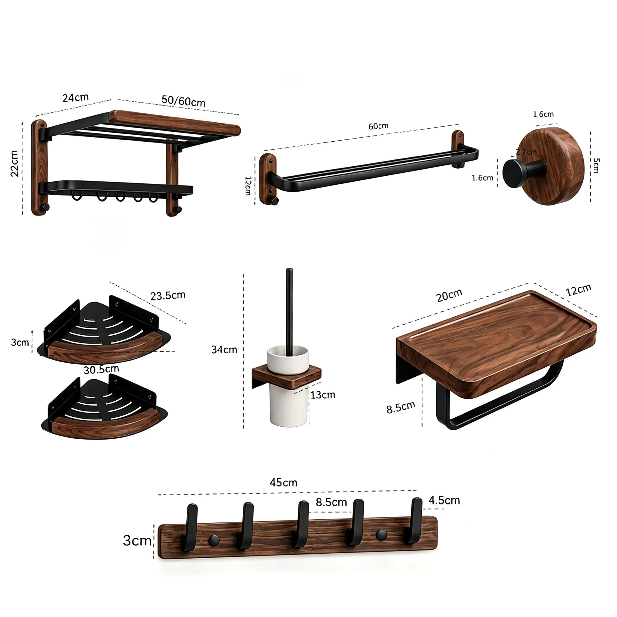 Ensemble d'accessoires de salle de bain en bois de noyer, porte-serviettes mural, étagère, porte-papier toilette, kit de quincaillerie de salle de bain, organisateur de douche Moderne De Luxe En Bois Massif De Bain Ser