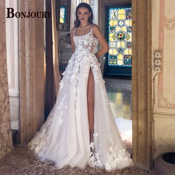 BONJOURY Abito da sposa glamour per la sposa Spacco alto Appliques Cinghie per spaghetti Scollo a barca Piega Backless Vestido De Casamento