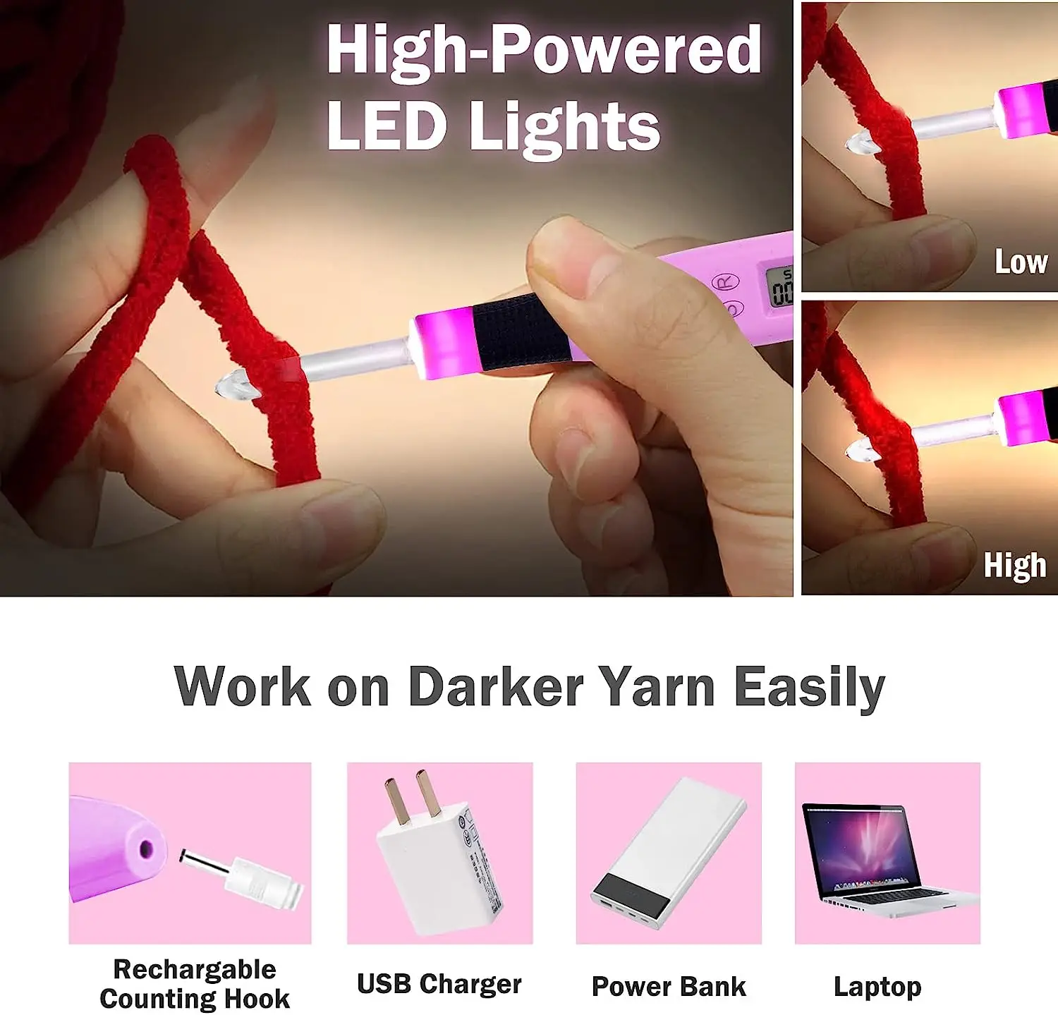 17pcs Crochet Hook Set with Counter Ergonomic Knitting Needles Kit with Led Light&Row Digital Counter DIY Tool for Knitting Hook 2