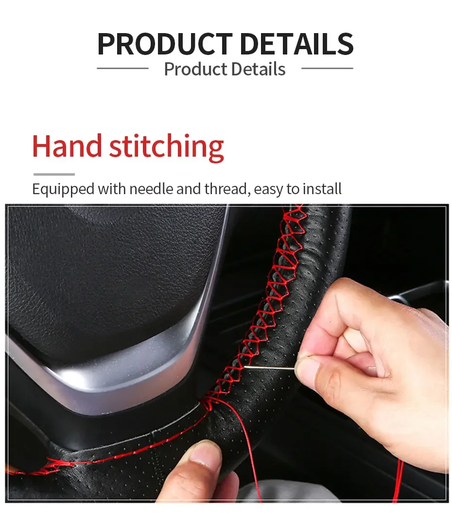 Leder-Lenkradbezug, 37–38 cm, universeller DIY-Lenkradschutz für geflochtenes Auto, mit Nadeln und Faden – Detail 5