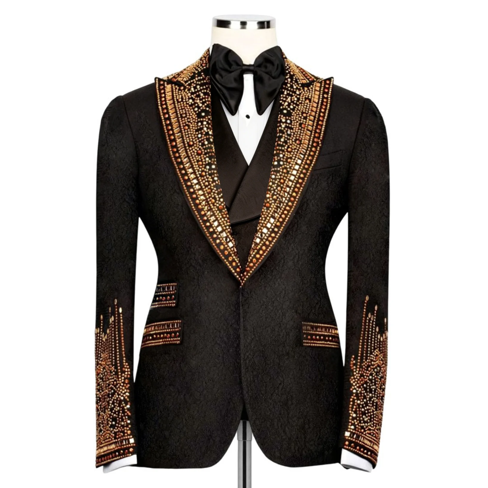 Customized Luxury Men Suits Diamond 2 Pieces Sets Single-Breasted Ropa Hombre Peaked Lapel Groom Tuxedos Male Party Prom B