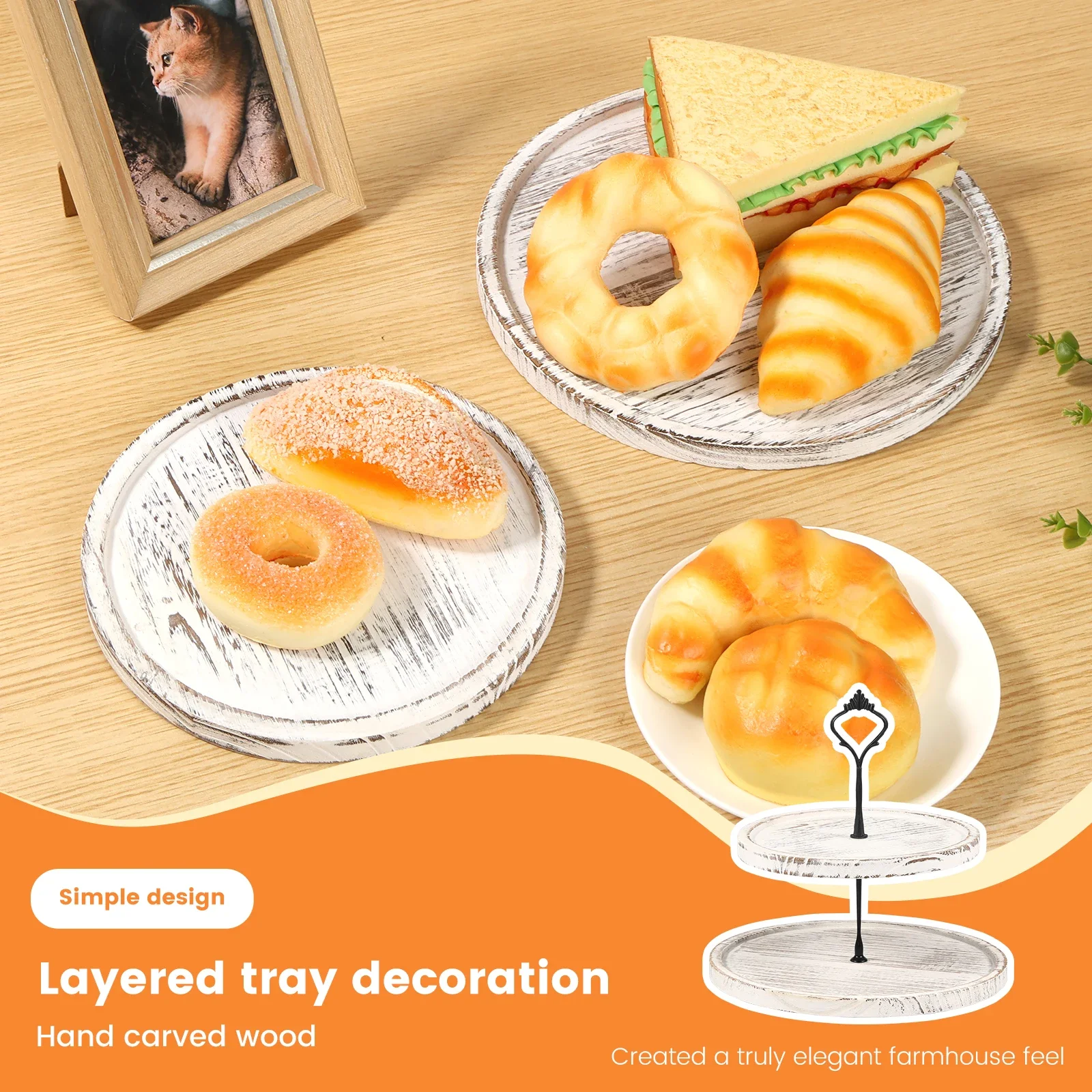 Wooden 2 Tiered Tray Round Farmhouse Kitchen Table Decor Serving Tier Tray Food Fruits Cupcake Display Coffee Bar Home Party 3