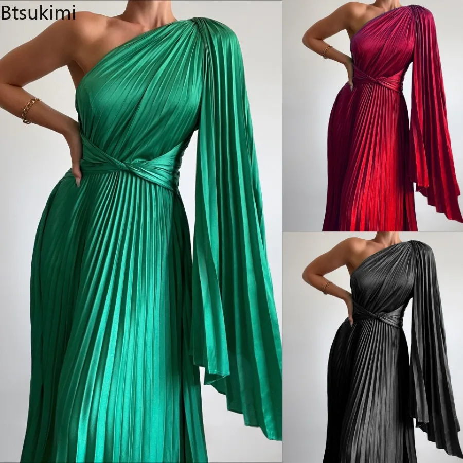 

2024 Women's Sexy Off Shoulder Banquet Maxi Dress Oblique Collar Pleated Evening Dresses Ladies Slim Club Party Beach Long Dress