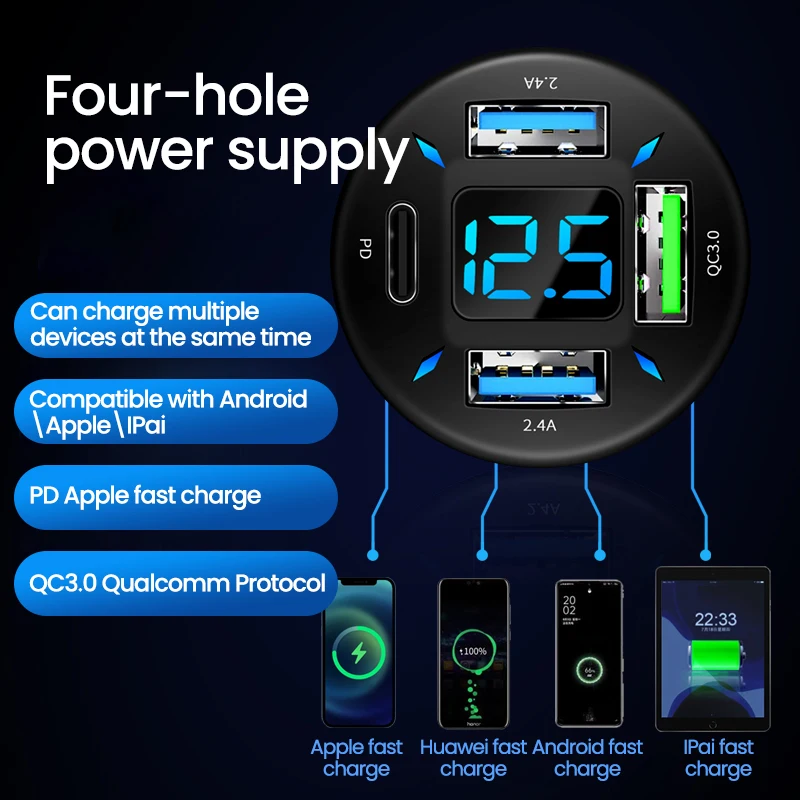 USB Car Phone Charger Adapter, 4 Portas, Carregamento Rápido, PD, Carga Rápida 3.0, iPhone 13, 12, Xiaomi, Samsung, 66W