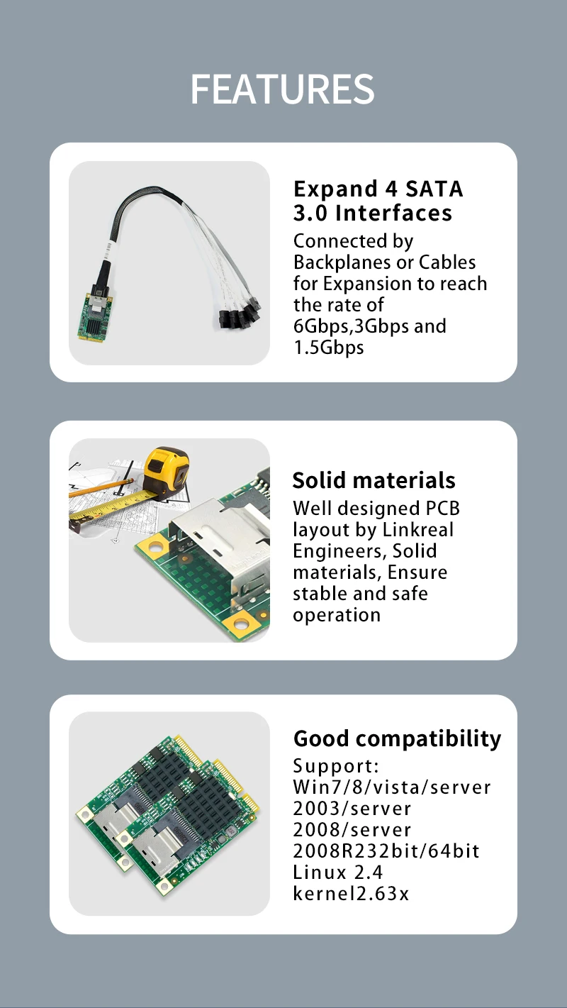 6 Gbit/s Mini-PCIe auf 4-Port-SATA3-Erweiterungskarte – Detail 3