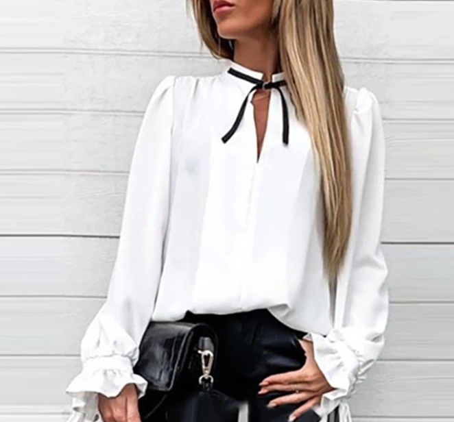 Women's Fashion White Lace Up Loose Wooden Ear Edge Shirt Temperament Commuting Female Long Sleeved Casual Pullover Blouses