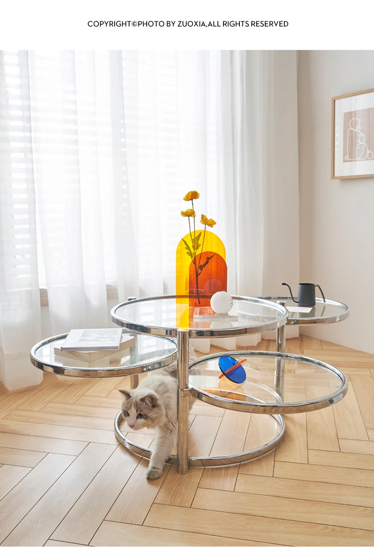 Nordic Small-sized Tea Table Rotating Glass Transparent Circular Creative Stainless Steel Living Room Household Tea Table Столик