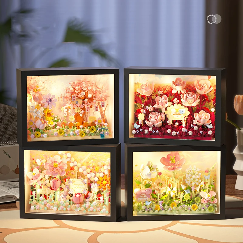 아이디어 나노브릭스 플라워 월드 마이크로 다이아몬드 블록 체리 로즈 해바라기 조립 블록 3D 포토 프레임 장난감 (조명 포함) 선물용