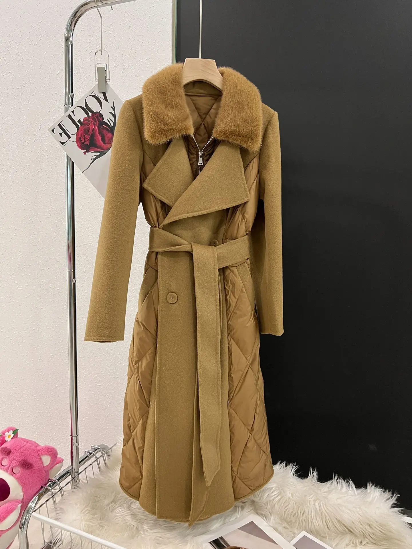 

Haining Fur Coat Real Wool Cashmere Double sided Coat Goose Down Coat Down Coat Women's Long Mink Collar 2023