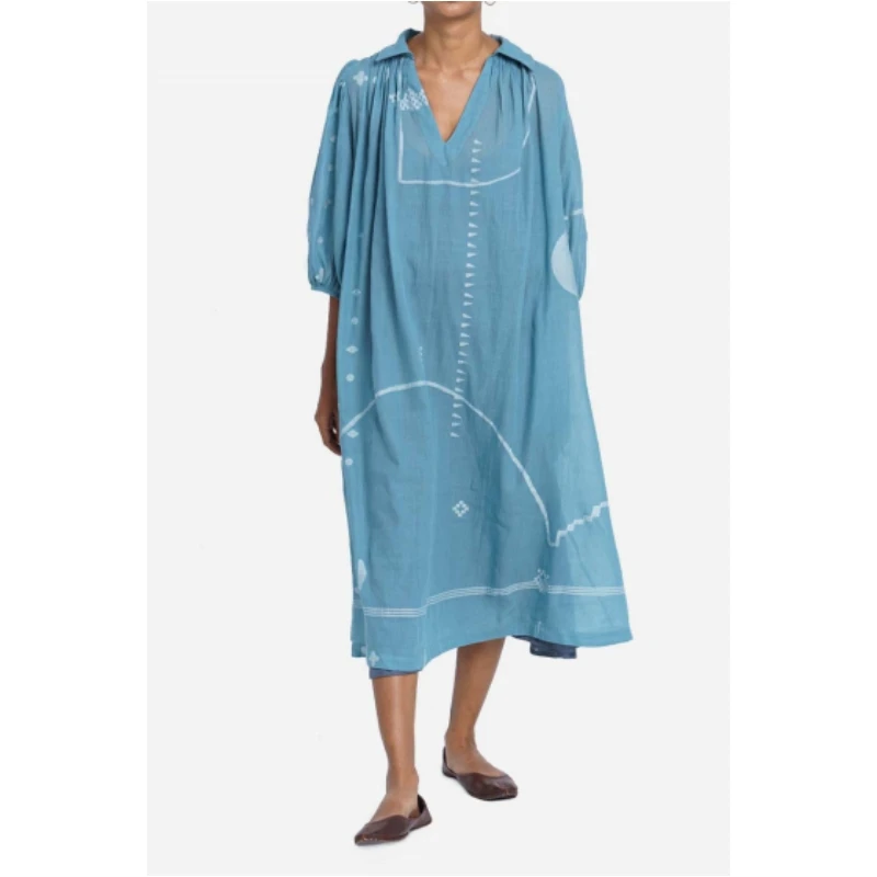 

Retro Cotton Linen Swing Dresses for Women V Neck 3/4 Sleeve Loose Dress Ladies Solid Color Casual Robe Vestidos Femme Sundress