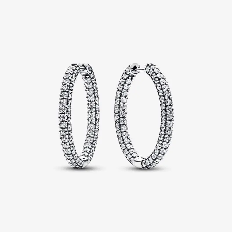 

100% 925 Sterling Silver Timeless Pave Single-row Hoop Earrings Original European Style Brand woman Jewelry