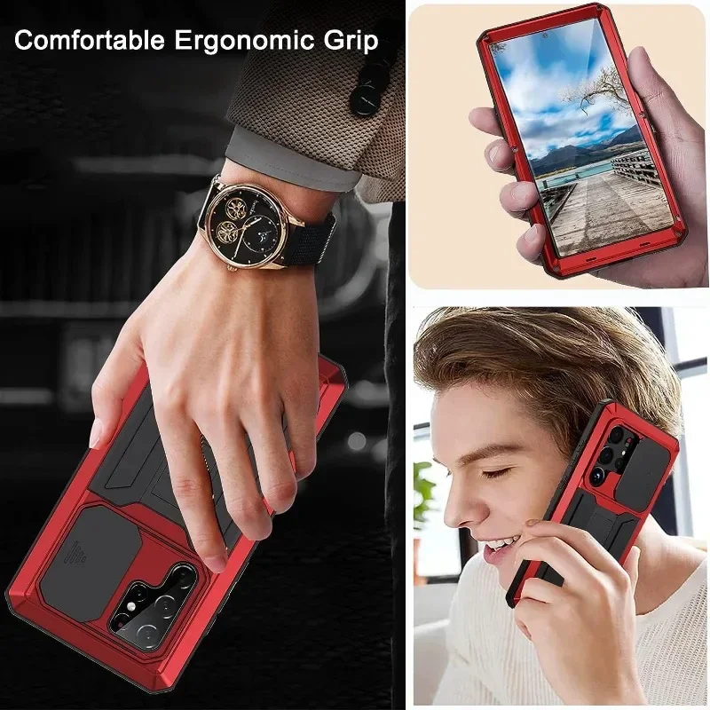 Rugged Metal Case For Samsung S23 S22 S21 S20 Ultra Plus Note 20 A32 M32 Military Shockproof Cover with Screen Protector Stand