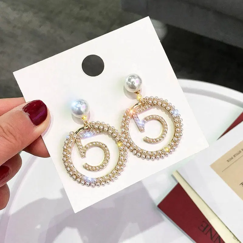 Creative Number 5 Big Statement Drop Dangle Crystal Earrings for Woemen  Digital Baroque Rhinestone Pearl Letter Cc Earrings