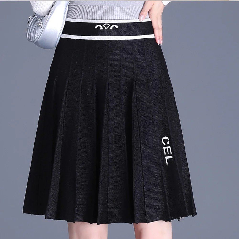 

Женские юбки, модная плиссированная вязаная юбка с эластичной юбкой, Минималистичная облегающая трапециевидная юбка черного цвета