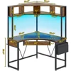 Small Computer Desk with Hutch & LED Lights, Triangle Corner Computer Desk with Keyboard Tray, Storage Bag 2