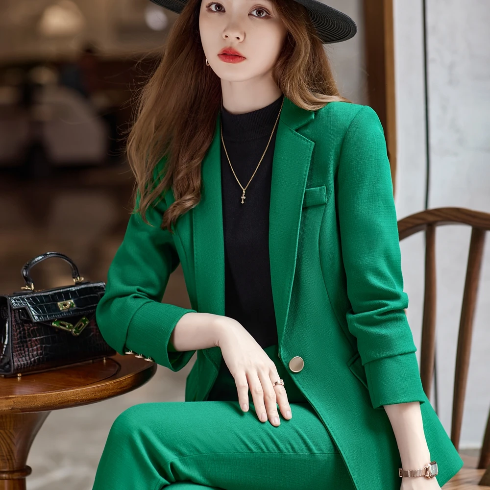 Korean Formal Ladies Khaki Green Women Business Suits with Sets Work Wear Office Uniform  2-piece Large Size Pants Jacket Set spring 2023 autumn formal ladies khaki blazer women business suits with sets work wear office uniform large size skirt jacket