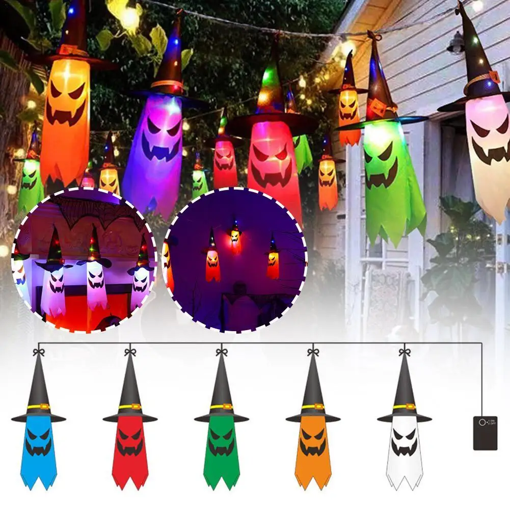 

Halloween Horror Witch Hat Lights String 5 LED Glowing Ghost Flashing Hanging Lamp Outdoor Tree Porch Yard Lamp Decoration