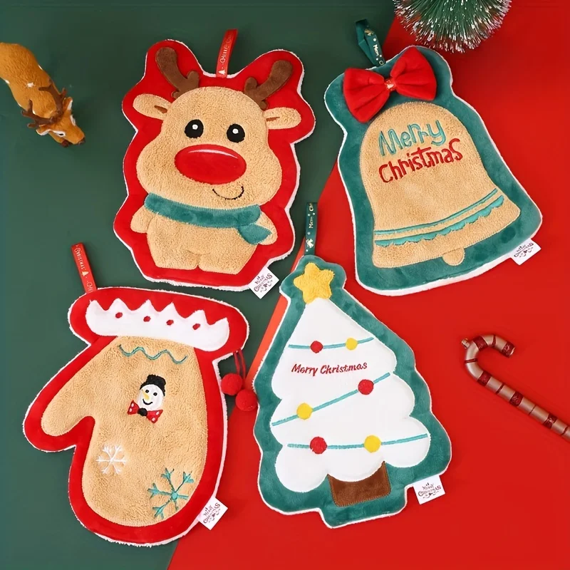 Baby Towel Cute Christmas Hanging Towel For Baby, Coral Fleece Quick-drying Fingertip Towel for Kids, Soft With Hanging Loop