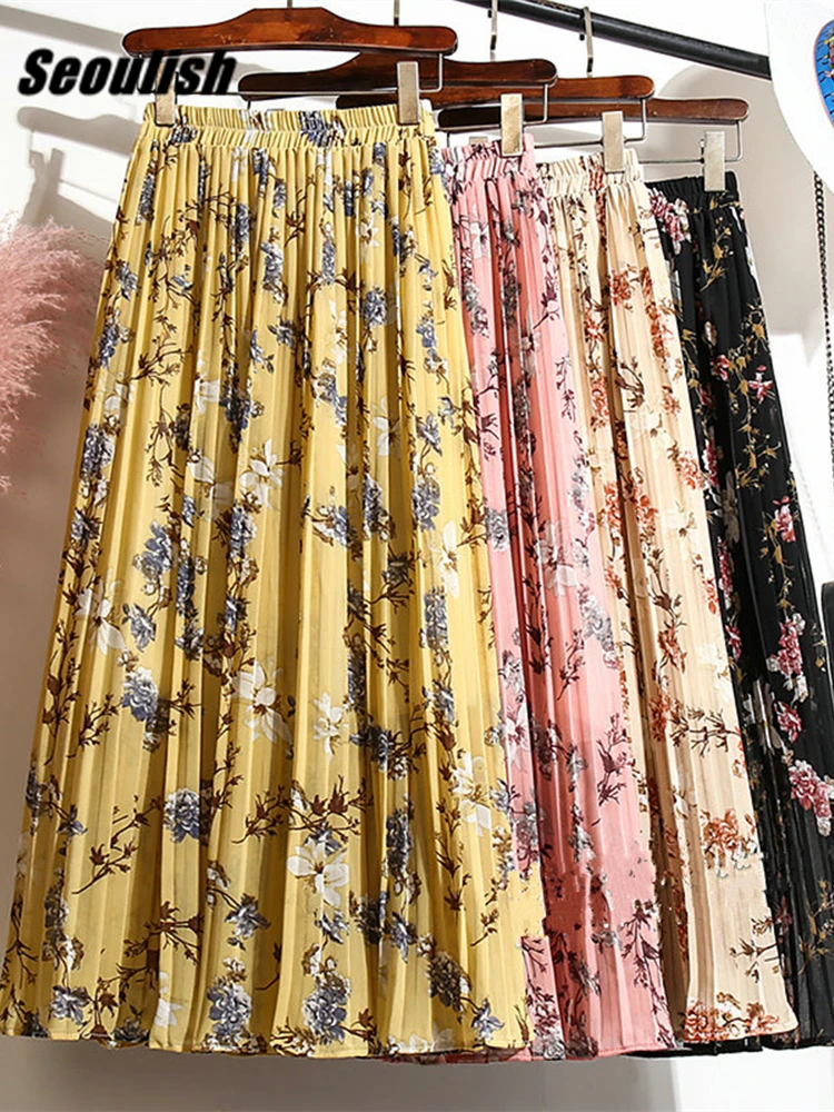 Seoulish Vintage Floral Printed Tulle Pleated Mi-long Women Skirts 2022 High Waist Female Chiffon Umbrella Skirts Spring Summer satin skirt