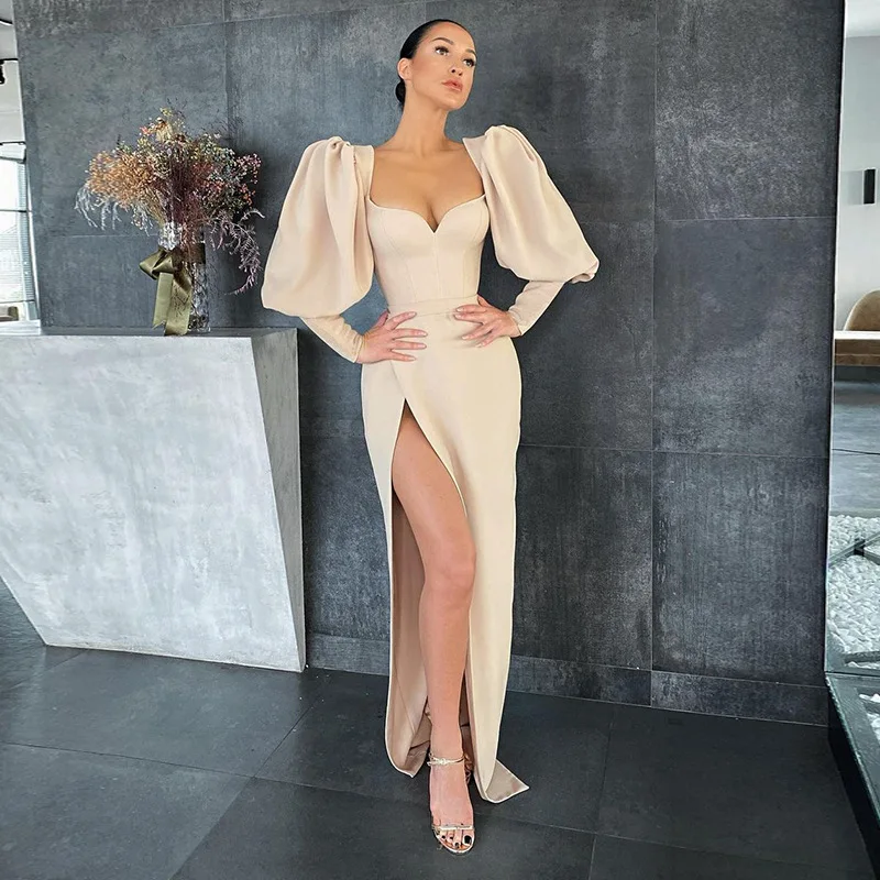 

Women's 2023 European and American Autumn New Style Temperament Square Neckline Chest Puff Sleeve High Waist Dress Long Dress