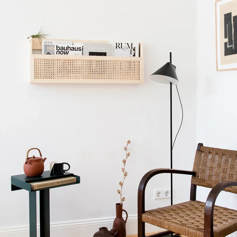Kid's Study Book Shelf Wall Decoration Magazine Storage Solid Wood Rattan Newspaper Rack Wall Hanging Partition Display Stand