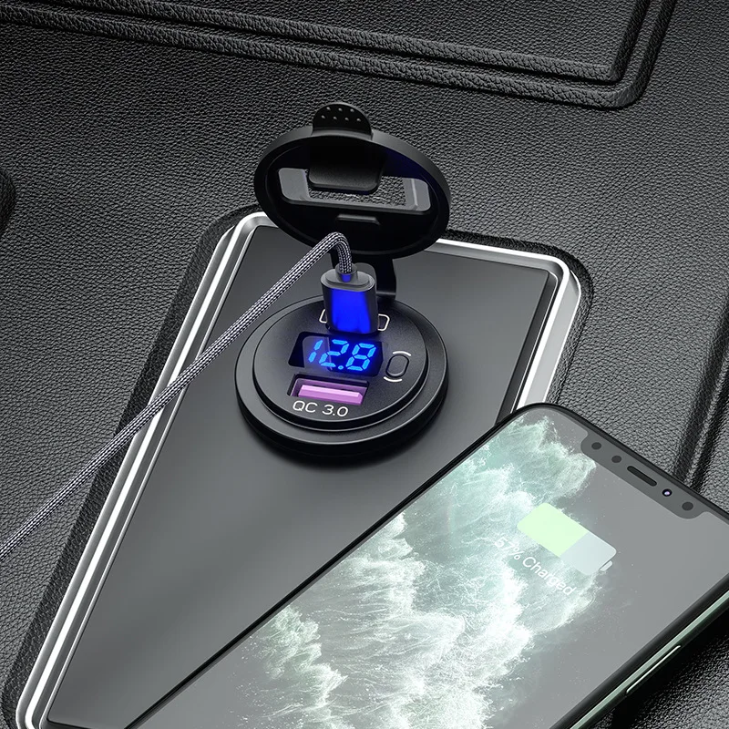 Car Charger 60W PD Type C/QC 3.0 USB Button Switch LED Voltmeter Power Outlet Fast Charging for 12V 24V Car Truck Motorcycle RV