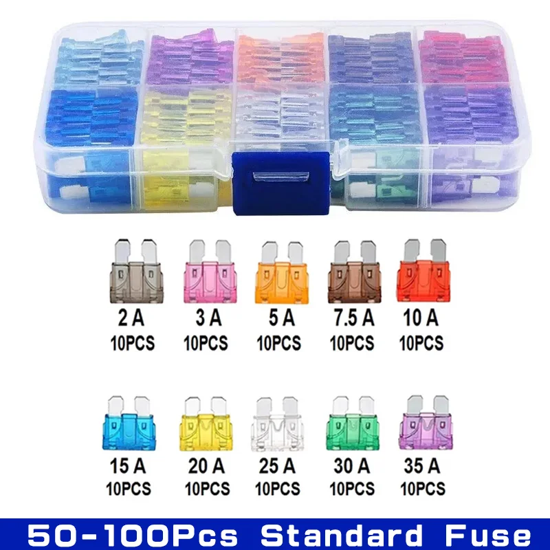 100-Piece Car Fuse Assortment Kit - Micro Blade Fuses 5A-50A For Auto, RV & Motorcycle