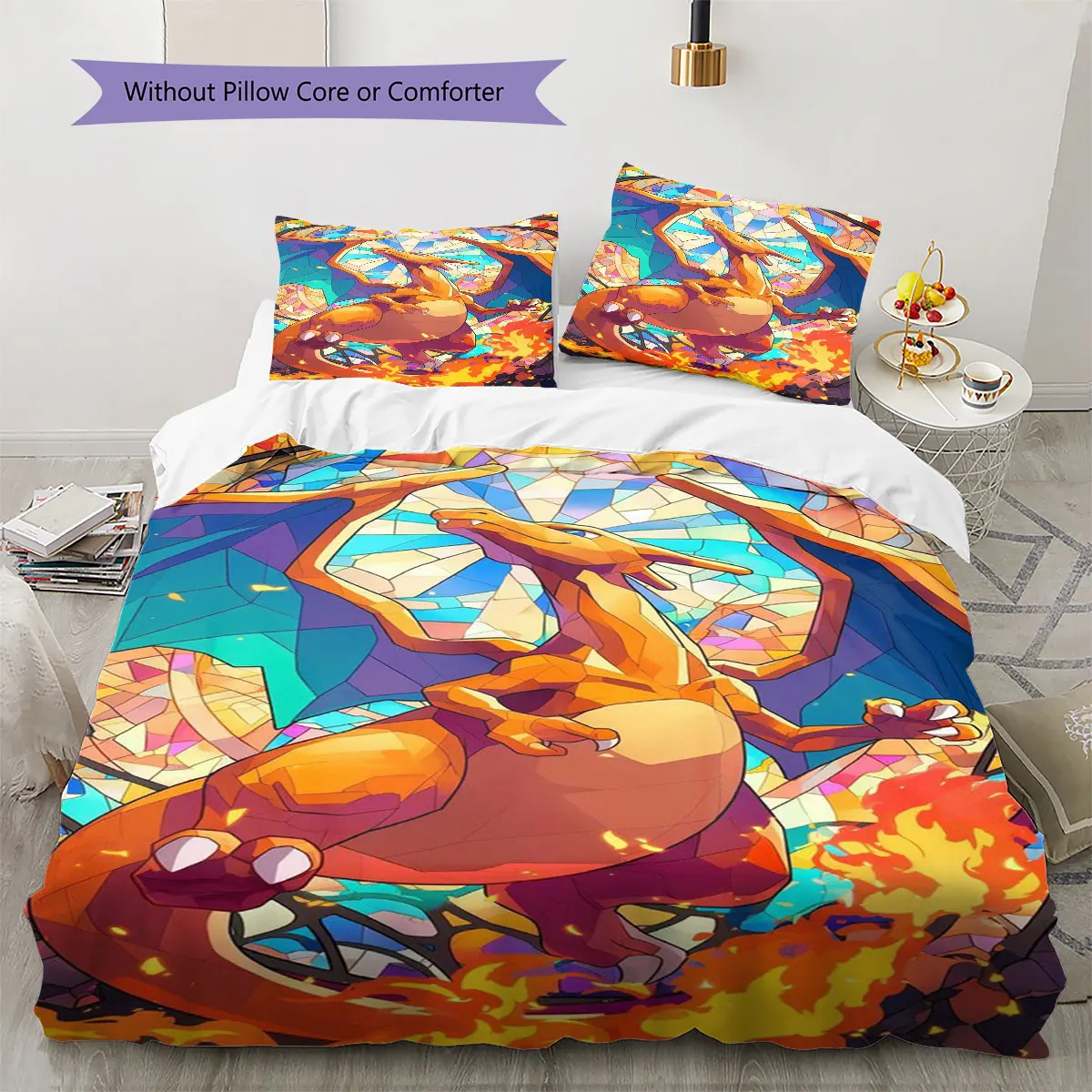 Charizard 3Pcs 침구 세트 멋진 파이어 드래곤 인쇄된 이불 커버 베개 커버 부드러운 마이크로 화이버 침실 장식 충전재 없음