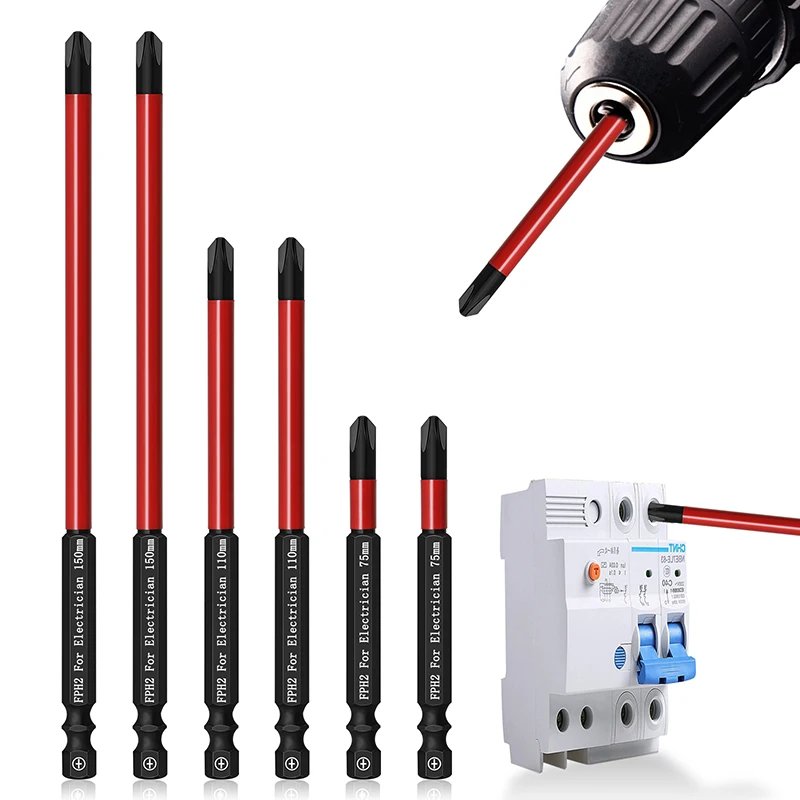 

6Pcs FPH2 Electrician Screwdriver Bits 1/4 Inch Hex Shank Magnetic Slotted Cross Head Screwdriver Set For Switch Socket