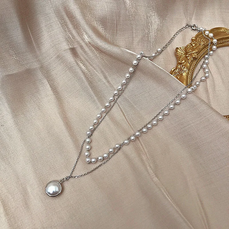 Kiss Jewelry Vintage Gold Color Pearl Beaded Necklace Women Double Chains Pearl Pendant Choker Korean Fashion