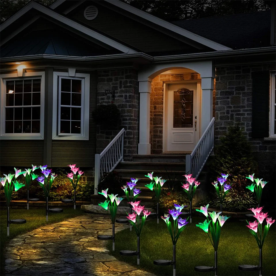 Solar Lily Flower Light 7 Color Changing Waterproof Solar Pathway Landscape Lights for Outdoor Courtyard Garden Yard Decor