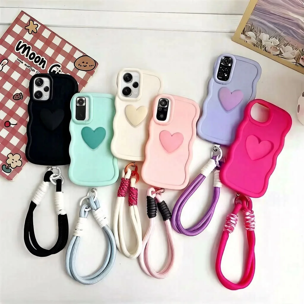 Wavy Love Heart Silicone Case with Wrist Strap