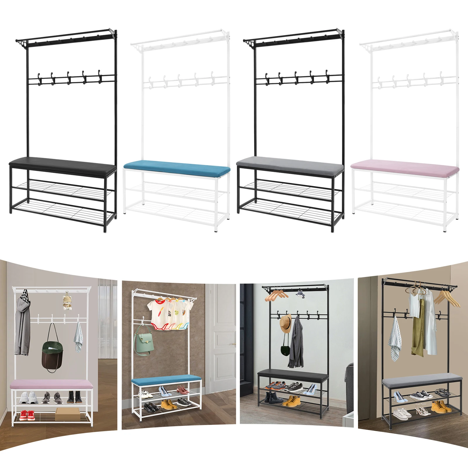 100cm Garderobenbank mit Stauraum, 6 Haken, Schuhregal, offenes Regal-Design, multifunktional für kleine Flure und Apartments – Detail 1