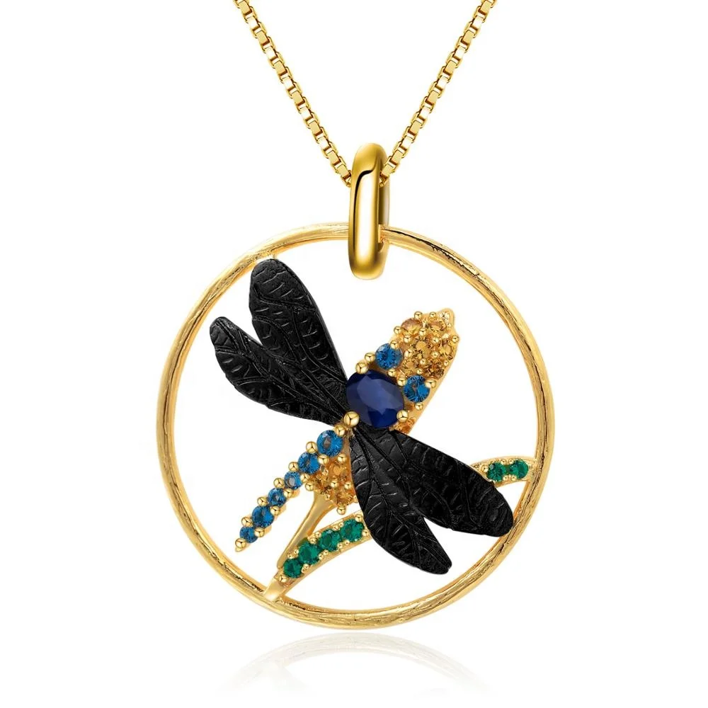 

Abiding Gold Plated Jewellery 925 Sterling Silver Pendant Dragonfly Blue Sapphire Stone Pendant Necklace For Women