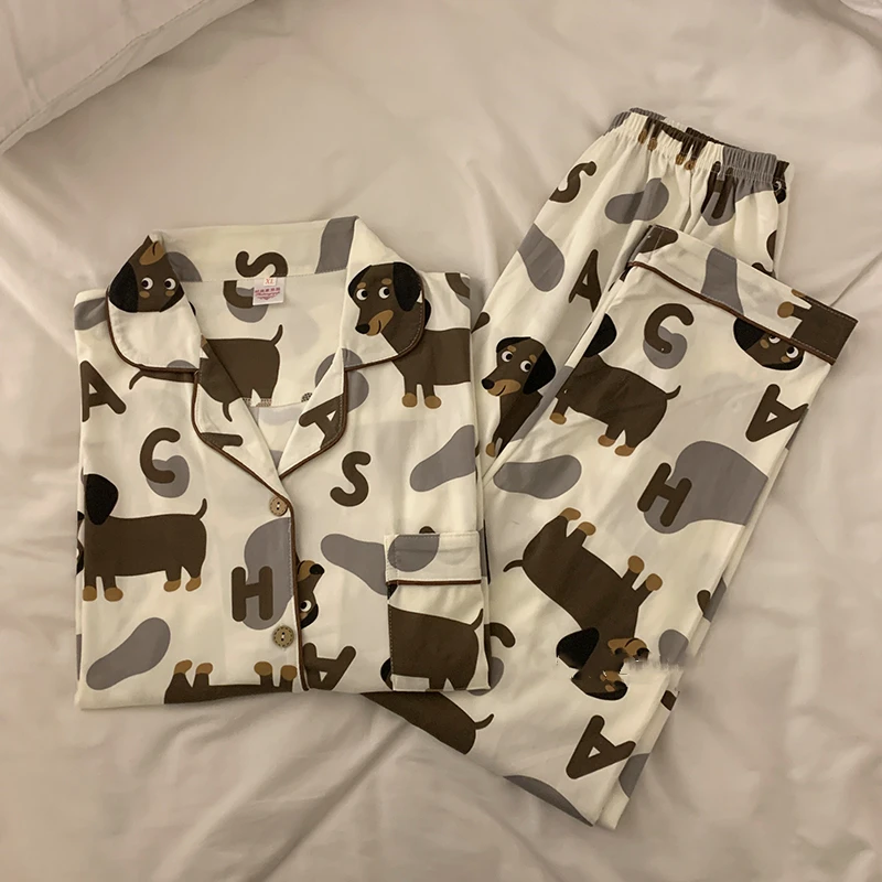 Women Pajamas Set Cotton Pajamas Set Spring Summer Cute Women's Pajamas Set Dachshund Print Two Pieces Short Sleeve Tops Full Length Pants Sleepwear 3991