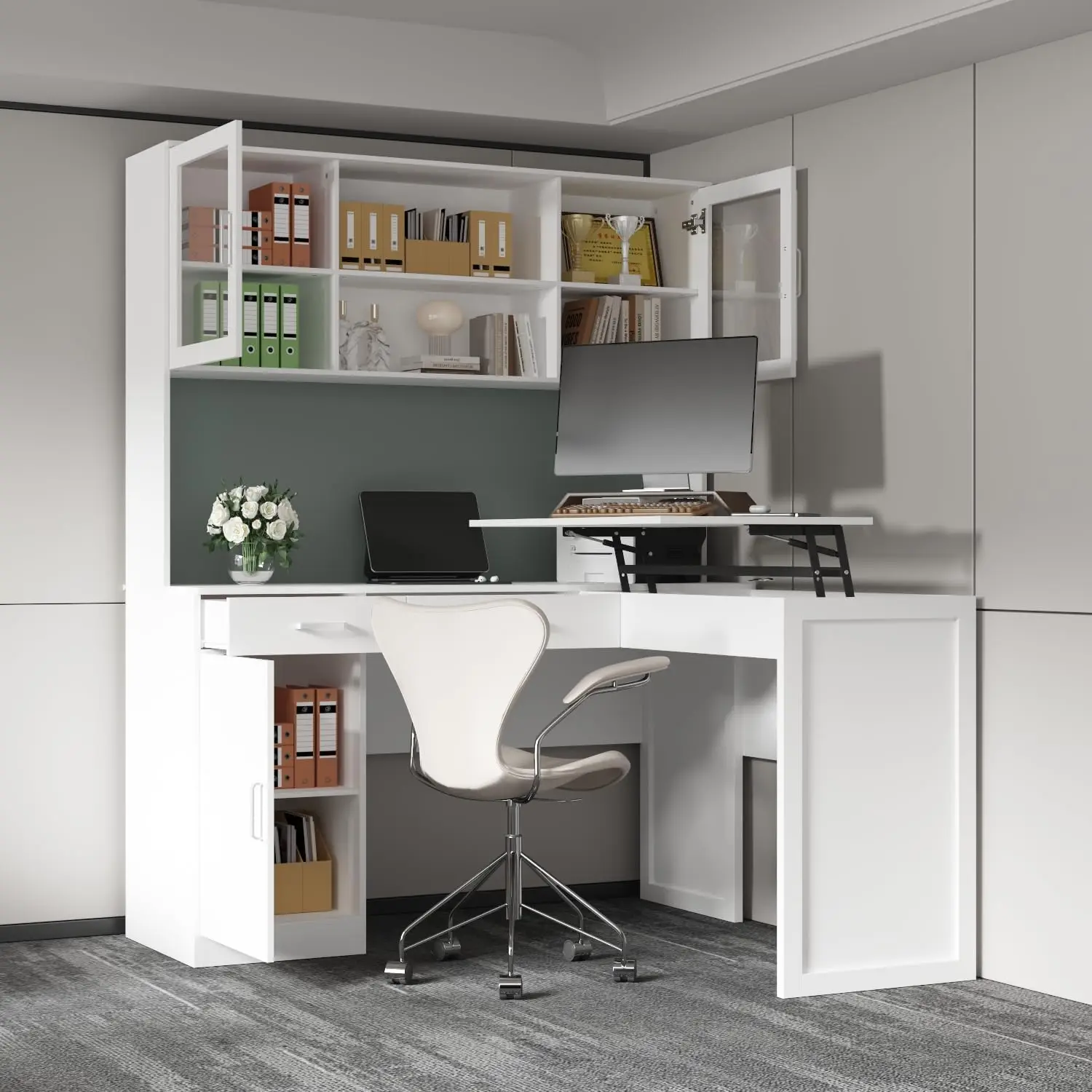 L-Shape Office Desk with Height Adjustable Top, Computer Desk with Drawers and Shelves,Corner for Home Office Living Room, White 2