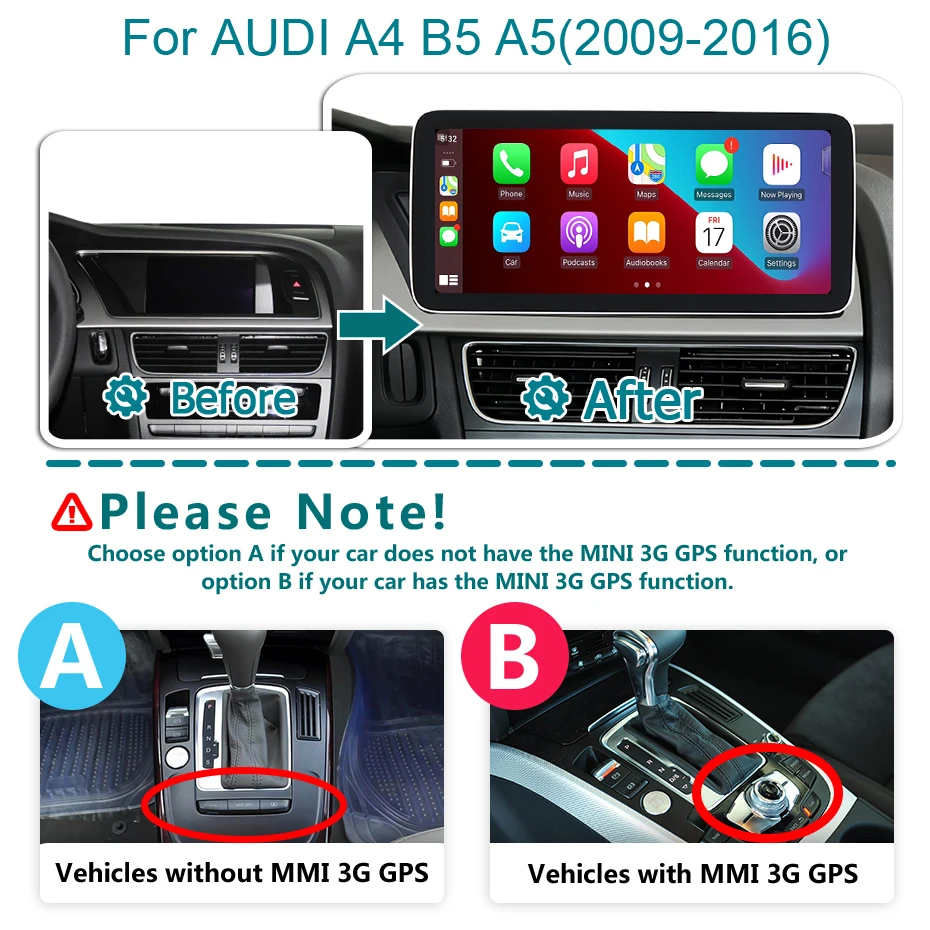 Pantalla estéreo automática Carplay Android 14 inalámbrica de 12,5 pulgadas para Audi A4 B8 A5 2009-2016 reproductor Multimedia de Radio para coche google GPS 4G LTE 2