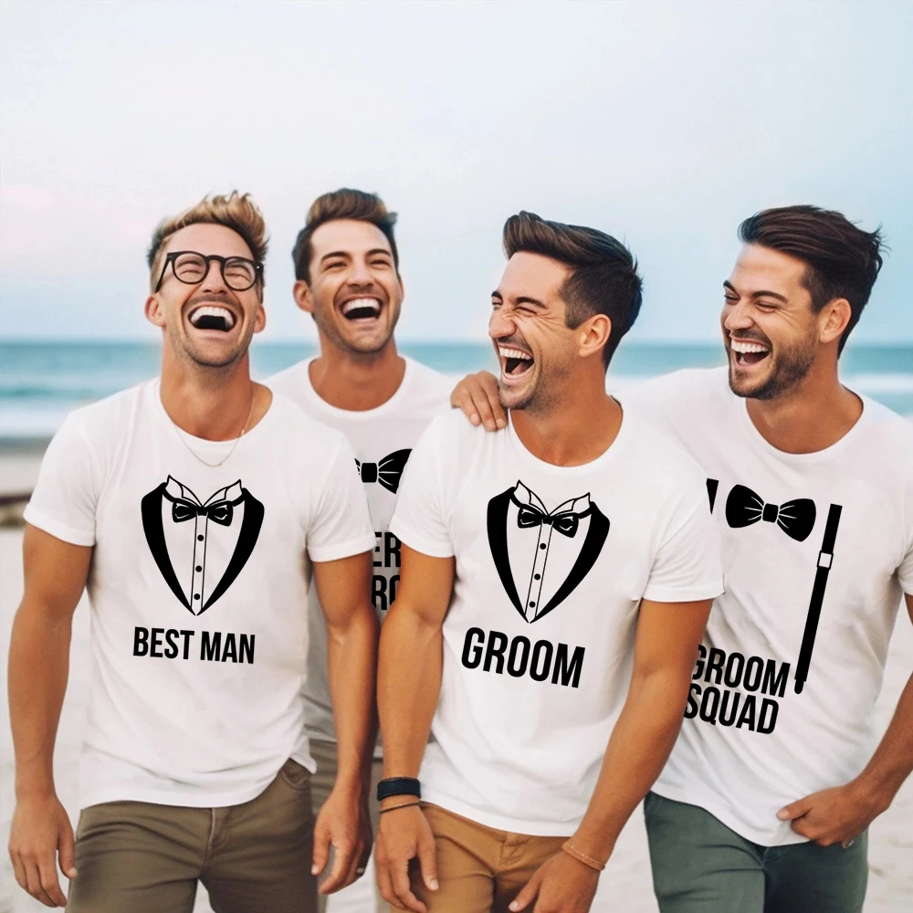 Groom&groomsman Pattern Print T-shirt Short Sleeve Casual Top Round Neck Loose Comfortable Tees Wedding Commemorative Gift