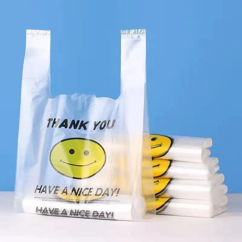 100/50 Pcs Plastic Food Storage Bags With Handle Transparent Shopping Fresh-keeping Carry Out Bags Smile Gift Kitchen Accessory