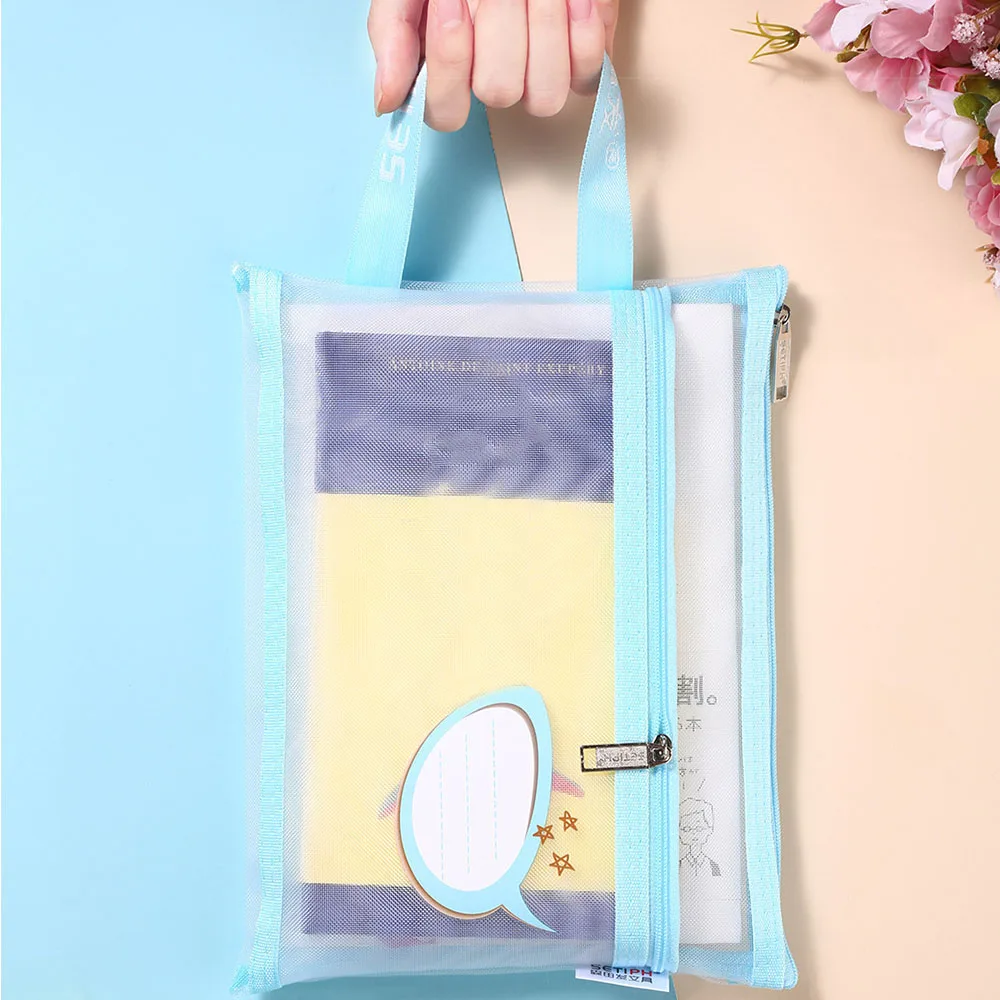 A4 Stationery Storage Bag Double-layer Mesh Zipper Bag Large Capacity Organizer Bag Cosmetic Makeup Bag Transparent File Folders