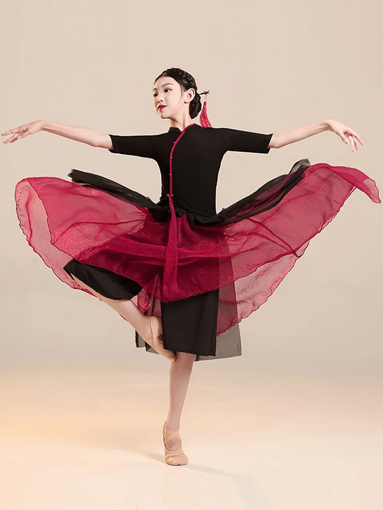 

Classical dance clothes Children's cheongsam elegant dance clothes Girls' Chinoiserie skirt black short sleeved