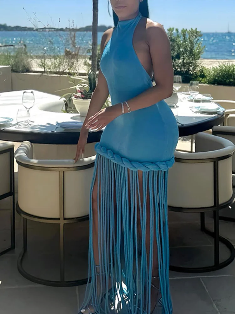 Damen Blaues Neckholder-Kleid mit Fransen, Schickes Ärmelloses Kleid mit Geflochtenen Details, Figurbetontes Strandkleid, Festliche Abendgarderobe – Detail 6