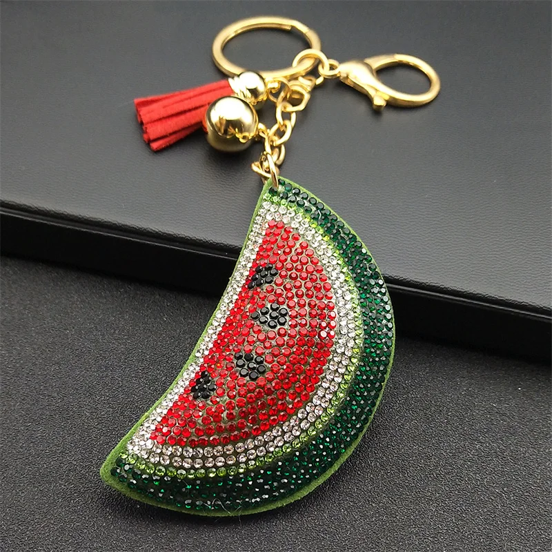 

Kawaii Watermelon Full Crystal Key Chain Women Men Alloy Leather Gold Color Fruit Keyring Bag Car Accessories Jewelry K5100S05