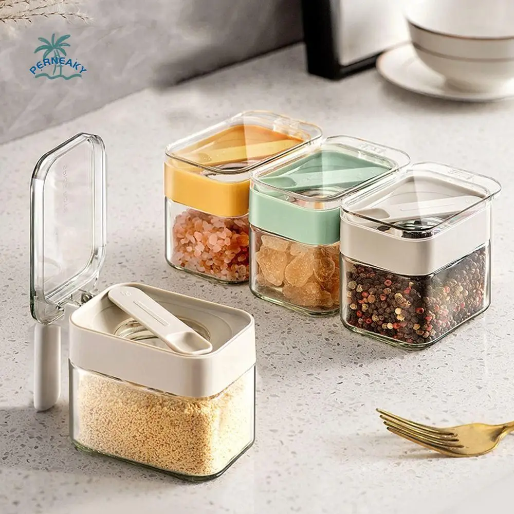 Sealed Glass Seasoning Box Dustproof Moisture-proof Condiment Jar with Spoon and Handle Save Space Sugar and Salt Container