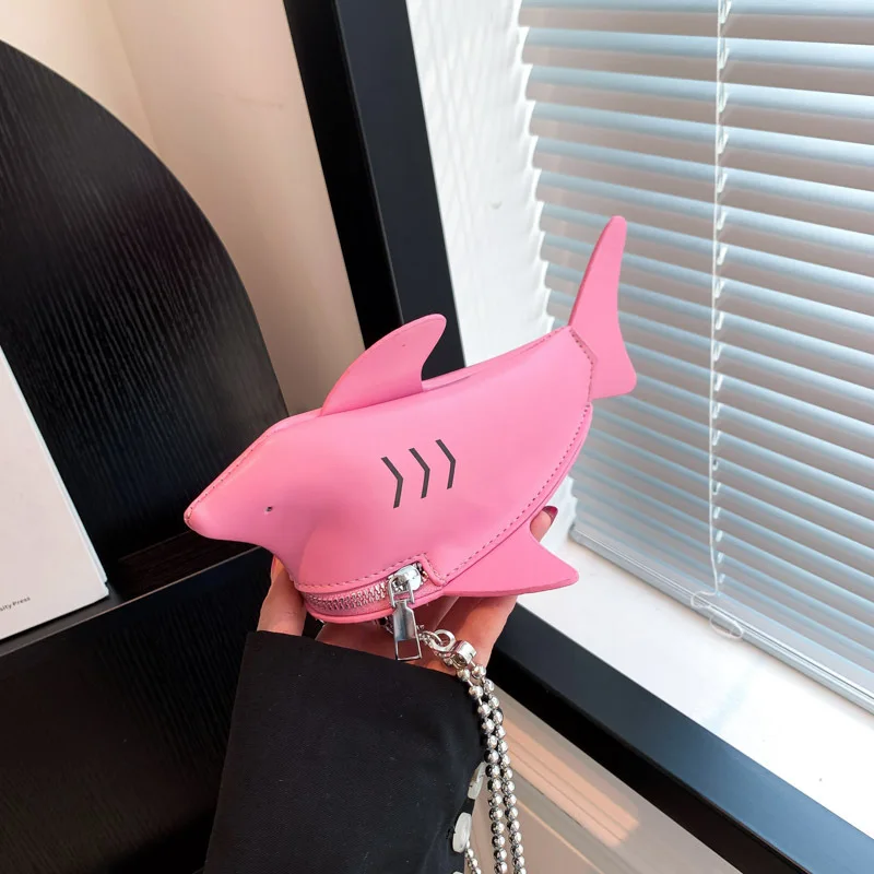 Cute Shark Shaped Crossbody Bag Harajuku Animal Designer Bag Funny Purses for Women Shoulder Bag Beaded Chains Handbag Coin Tote